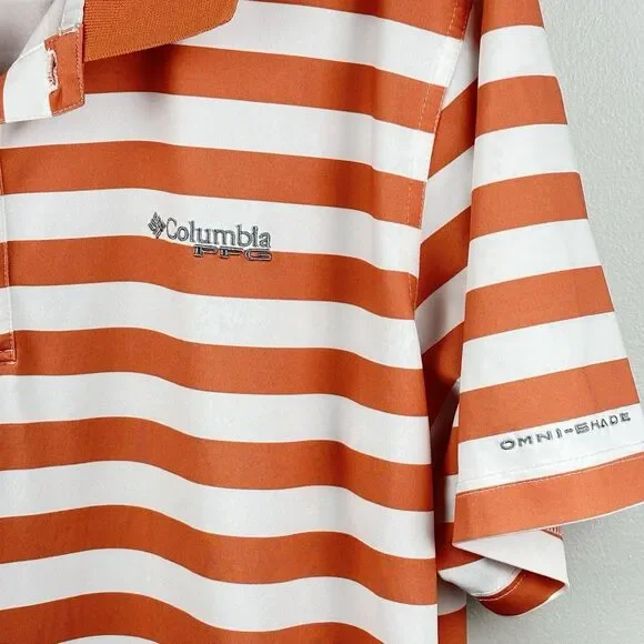 Columbia men’s polo shirt, large, PFG performance orange white stripe Omni-shade - Picture 3 of 11